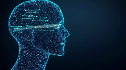 Digital representation of a human head with data visualization effects.