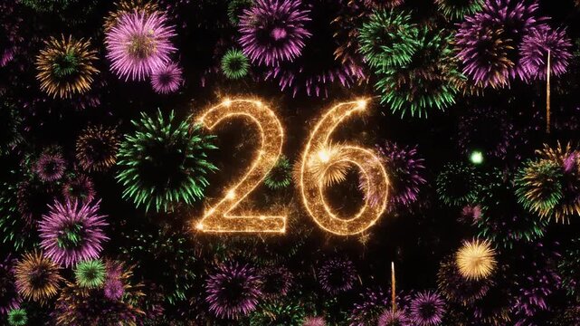 Number 26 surrounded by fireworks. Festive video for birthday or anniversary party