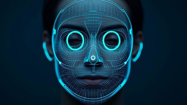 A digital face with a blue holographic grid pattern.