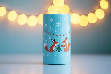 Festive blue mug displays cartoon foxes decorating Christmas tree near blurred lights backdrop