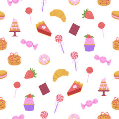 Pastry, sweet bakery seamless pattern with сookies, piece of pie, donut, candy, chocolate, cupcake, cake. Flat vector illustration.