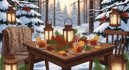Winter tea sits on wooden table with candle lanterns amidst snowy forest scenery