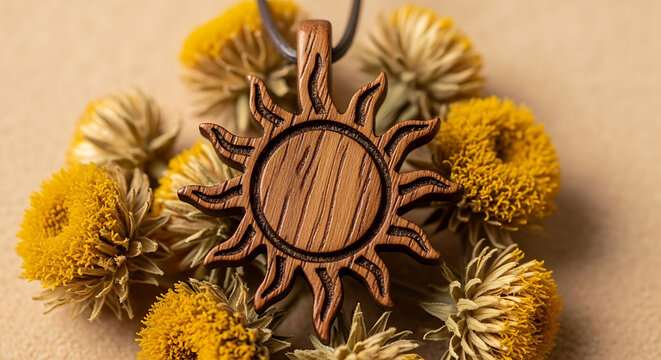 Wooden sun pendant necklace with yellow flowers artistic craftsmanship and detailed design handmade jewelry product photography