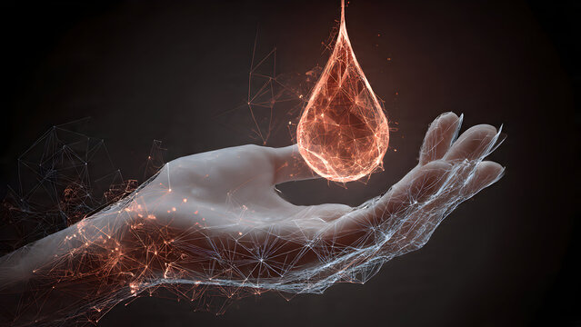 High-resolution cupped hands with abstract polygonal blood drop featuring glowing scarlet wireframe mesh, transparent geometric structure, and luminous connections