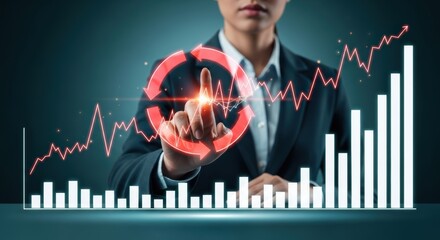 Businesswoman interacts with a digital interface showing growth charts and a circular arrow representing business process workflow and sustainable strategy