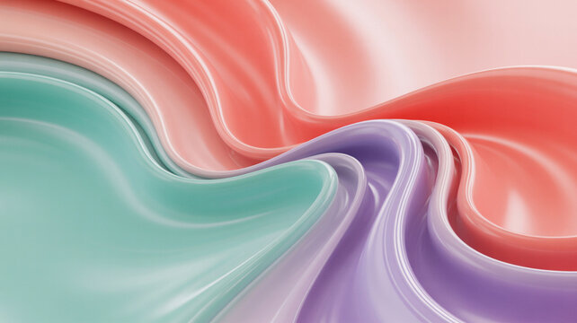 Swirling abstract waves of pastel pink teal and purple glossy liquid background