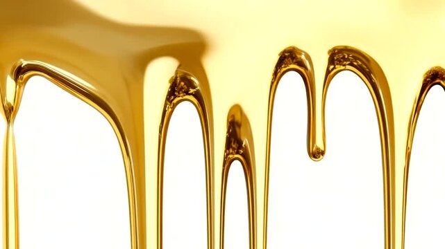 Golden liquid dripping, isolated on white background