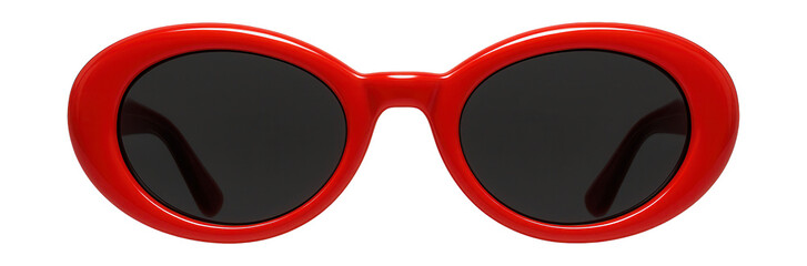 Vintage oval sunglasses with bold red frames and dark lenses.