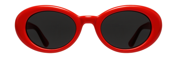 Vintage oval sunglasses with bold red frames and dark lenses.