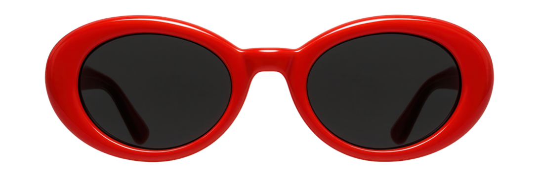 Vintage oval sunglasses with bold red frames and dark lenses.