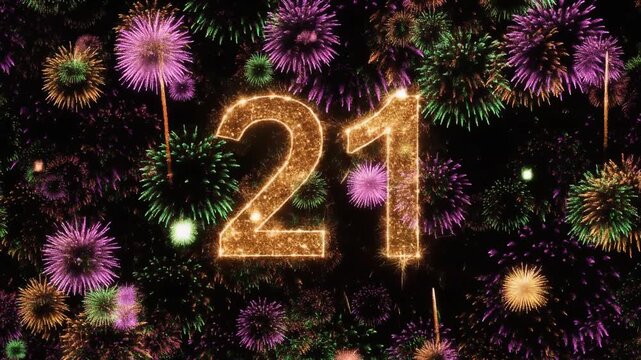 Number 21 surrounded by fireworks. Festive video for birthday or anniversary party