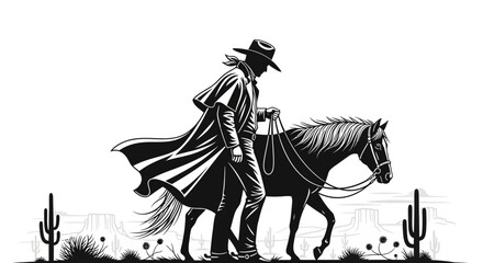 A black and white silhouette illustration of a cowboy walking with his horse in a desert landscape with cacti.