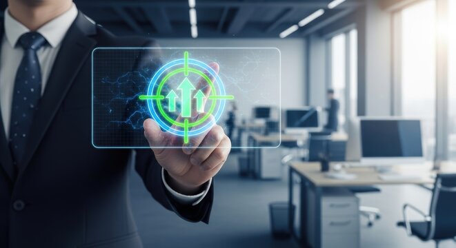 Businessman interacts with digital interface displaying target and growth arrows emphasizing business goals and achievement in a modern office setting - Powered by Adobe