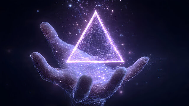 Ultra-realistic hand holding geometric blood droplet with glowing aquamarine wireframe structure, polygonal mesh pattern, and abstract radiant light design