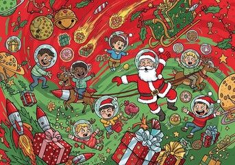 Chaotic Space Party: Santa, Kids, and Reindeer Celebrate with Gifts, Bells, and Holly
