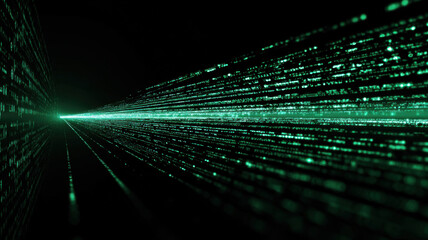Digital Stream: Lines of data flowing, a visual representation of technology. The vibrant green color of the data against a black background creates a visually striking contrast