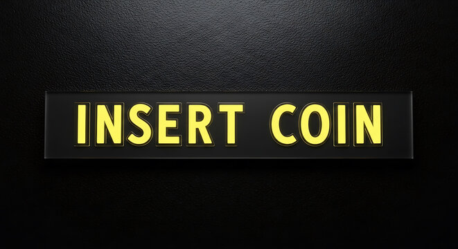 Retro Gaming Insert Coin Sign Glowing Nostalgic Arcade Experience Signage Prompt