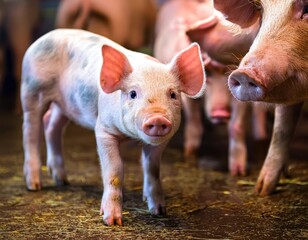 Sustainable Farming &ndash; Well-fed pigs enjoy nutritious meals from troughs in a controlled farm setting. Generated with AI