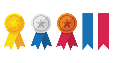 A collection of colorful award ribbons and medals displayed in a row