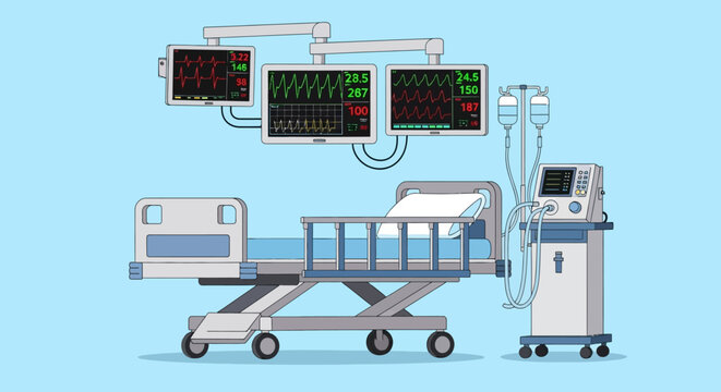 Intensive care unit hospital bed with vital signs monitors and medical ventilator equipment, ready for patient admission and critical care