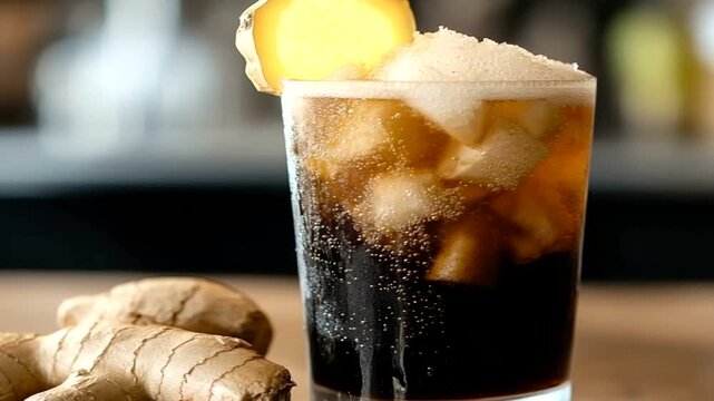 Glass of dark soda with ginger and foam, garnished with ginger slice