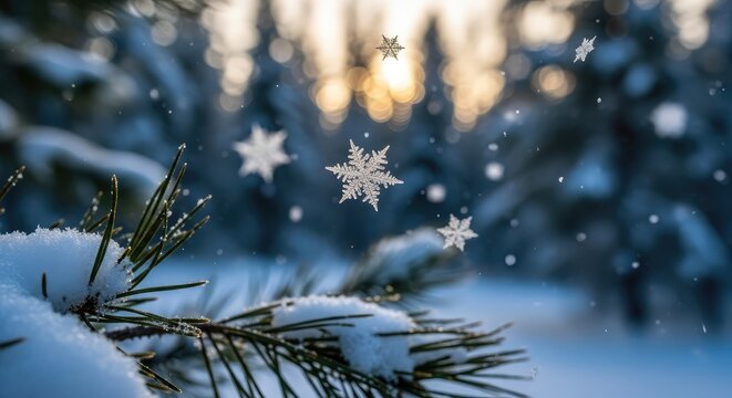 Close-up of snowflakes gently falling on a winter landscape