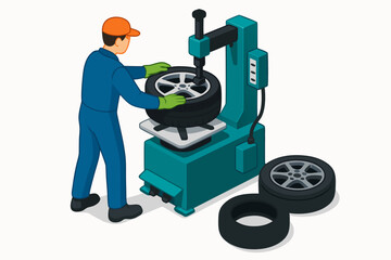 Tire shop mechanic changing wheel with machine, offering prompt roadside assistance and expert automotive services, vector