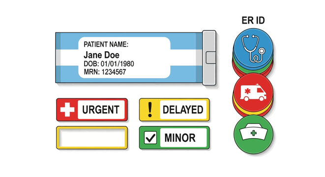 Collection medical identification and triage tags, including patient wristband, urgent, delayed, and minor status labels, and er id icons