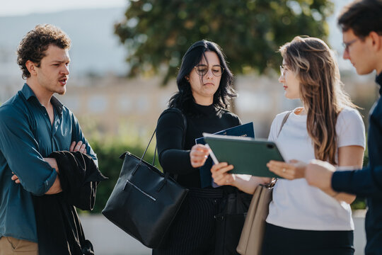Group of young people stands outdoors, examining a tablet and printed materials while discussing plans. They appear focused and collaborative, showcasing teamwork in a casual outdoor business setting.