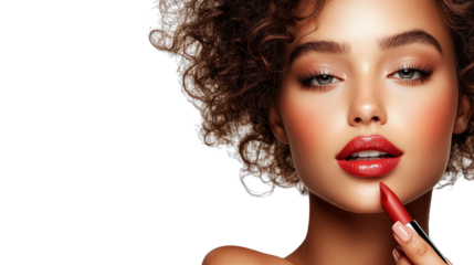 Red Lipstick on Woman's Lips Against Transparent Background