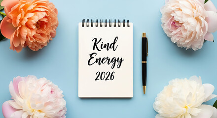 Vibrant flat lay showcasing a notebook for new year resolutions, set against a cheerful blue background and complemented by beautiful peach and white peonies.