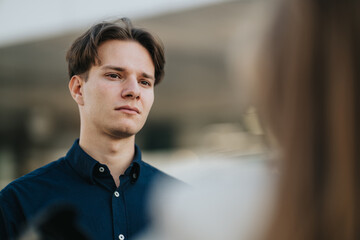 A calm portrait of a young man wearing a navy shirt outdoors, conveying focus and contemplation as he looks slightly away from the camera.