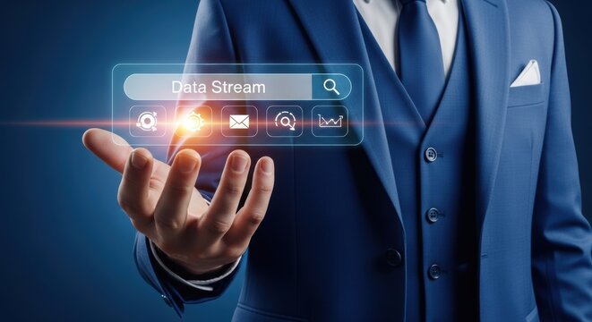 Businessman uses data stream search interface for advanced digital business analytics and technology solutions in modern network connectivity