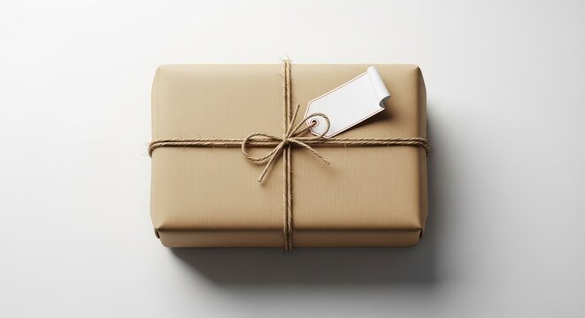 A small parcel wrapped in brown paper with string, placed on a white background