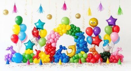 Colorful balloons and party decorations set up for a celebration on a white background