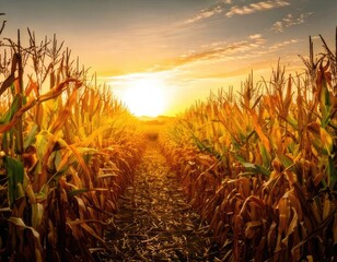 Inside a golden corn maze in an agricultural crop field during sunset or sunrise. Generated with AI