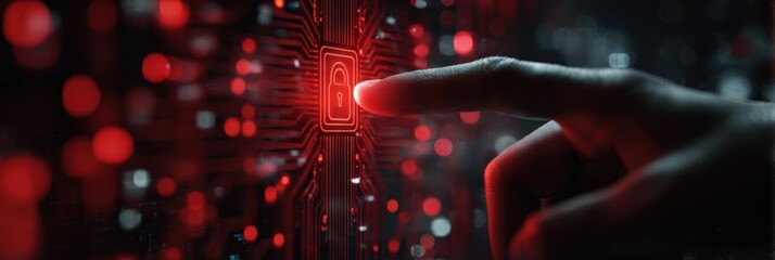 Finger touches a glowing red padlock icon representing digital security and cybersecurity concept for online protection
