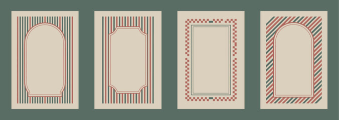 Christmas vintage frame set, retro holiday card design with red and green stripes, checkerboard and candy cane borders, perfect for festive greeting cards, seasonal invitations, and holiday artwork.