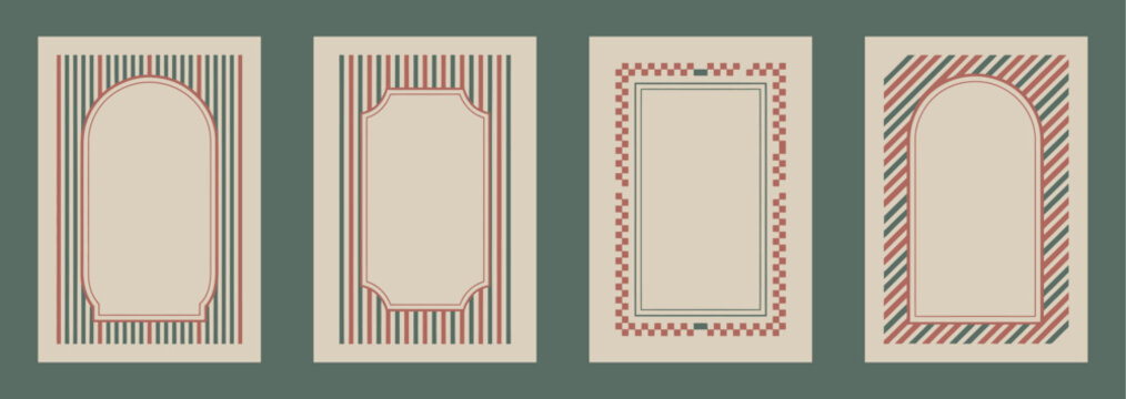 Christmas vintage frame set, retro holiday card design with red and green stripes, checkerboard and candy cane borders, perfect for festive greeting cards, seasonal invitations, and holiday artwork.