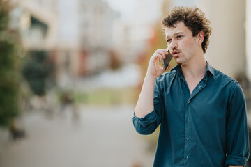 A young man in a teal shirt talks on a smartphone outside in an urban setting, appearing focused and professional during a conversation.