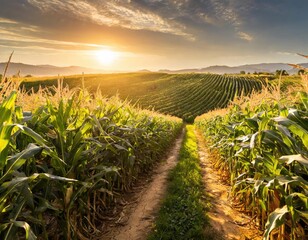 Inside a golden corn maze in an agricultural crop field during sunset or sunrise. Generated with AI