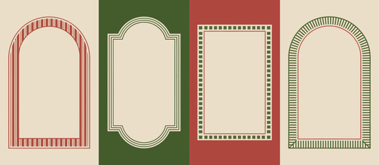 Christmas vintage frame set, retro holiday card design with red and green stripes, checkerboard and candy cane borders, perfect for festive greeting cards, seasonal invitations, and holiday artwork.