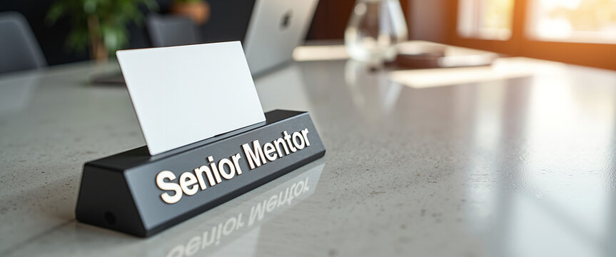 Senior mentor nameplate on office desk promoting National Mentoring Month  