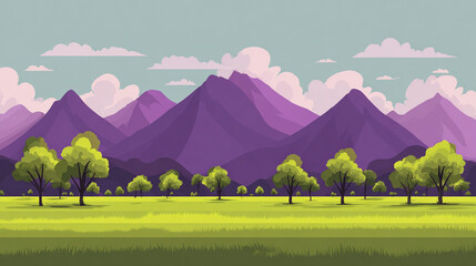 A stylized landscape featuring rolling green hills in the foreground with a single prominent tree, set against a majestic purple mountain range under a light blue sky.
