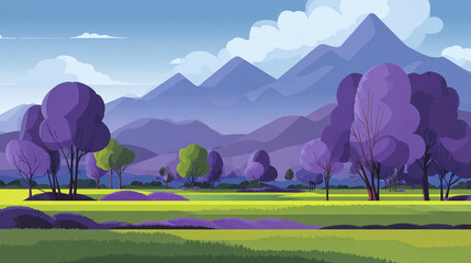 A stylized landscape featuring rolling green hills in the foreground with a single prominent tree, set against a majestic purple mountain range under a light blue sky.

