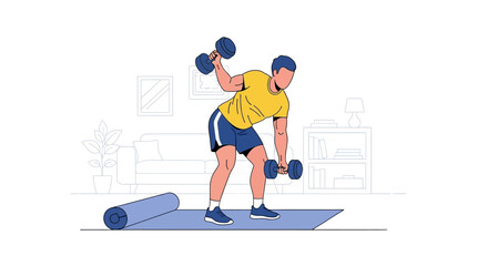 Man performing dumbbell exercises on yoga mat in home setting, demonstrating fitness, strength training, and healthy lifestyle