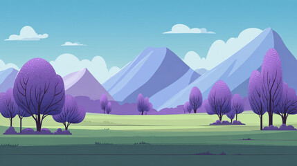 A stylized landscape featuring rolling green hills in the foreground with a single prominent tree, set against a majestic purple mountain range under a light blue sky.
