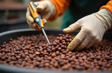 Fototapeta premium Farmer checks temperature of fermenting cocoa beans with digital probe. Hands in gloves sort raw seeds for chocolate production. Quality control of cacao farm produce.