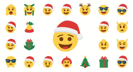 Collection of festive holiday emojis, including Santa hats, Christmas trees, and gift boxes, perfect for seasonal greetings and celebrations