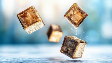 Three ice cubes are suspended in the air, appearing to float with tiny light particles scattered around them.
